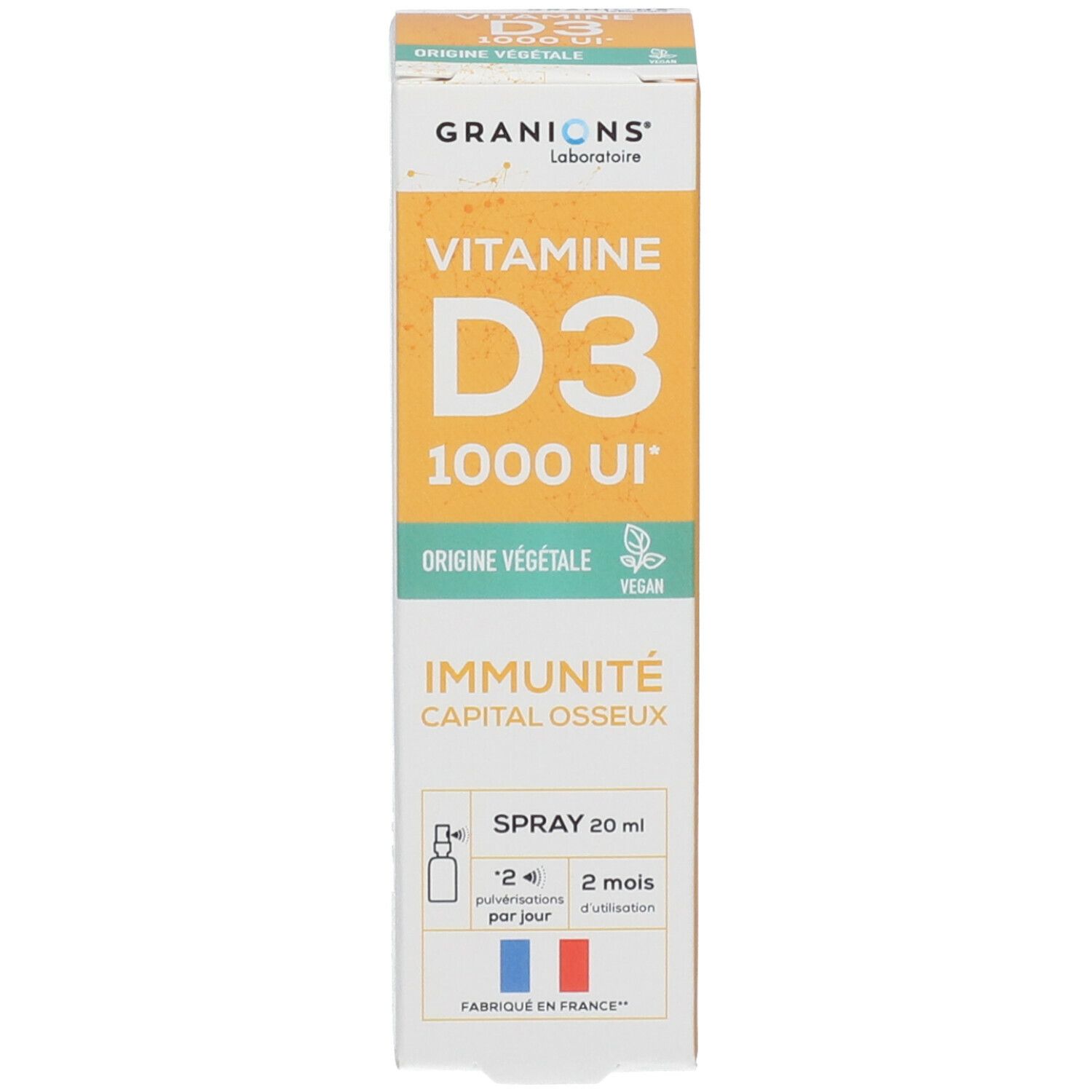 Kartonverpackung. Aufschrift: Vitamine D3 1000 UI, Origine Végétale. Marke: GRANIONS. Mit Abbildung der Flasche.