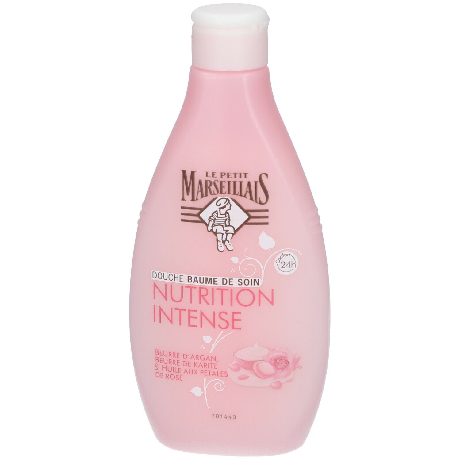 Rosa Flasche mit weißem Deckel. Aufschrift: Le Petit Marseillais, Douche Baume de Soin, Nutrition Intense. Mit Arganöl, Sheabutter und Rosenblüten.
