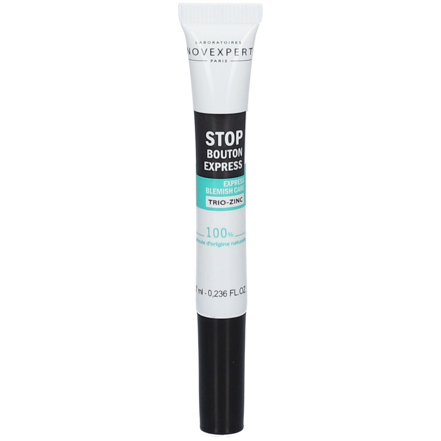 Tube mit schwarzem Verschluss. Aufschrift: STOP BOUTON EXPRESS, Trio-Zinc. 100% der Inhaltsstoffe natürlichen Ursprungs.