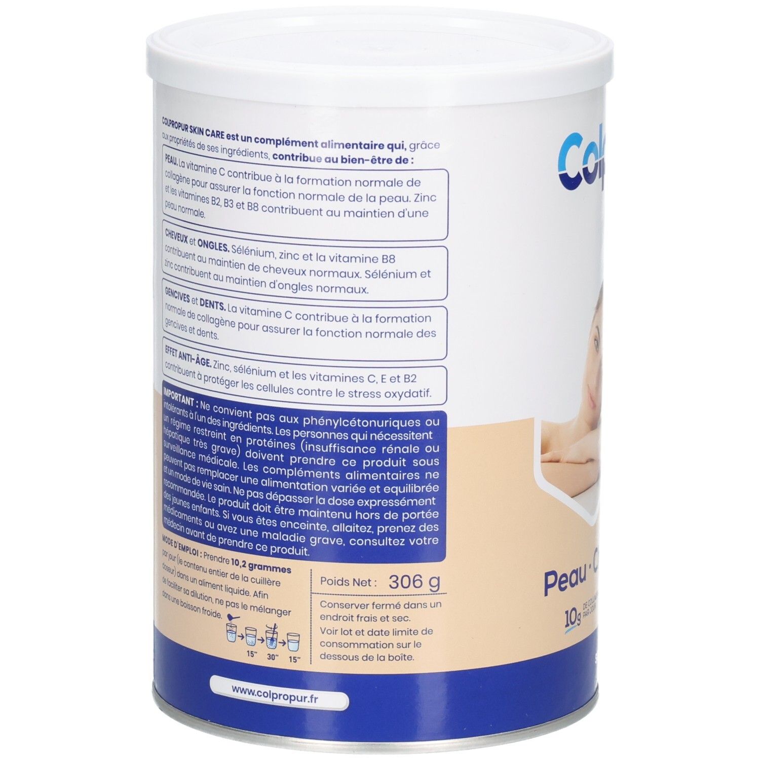 Rückseite der Colpropur Kollagen Dose mit Anwendungshinweisen und Nährwertangaben.
