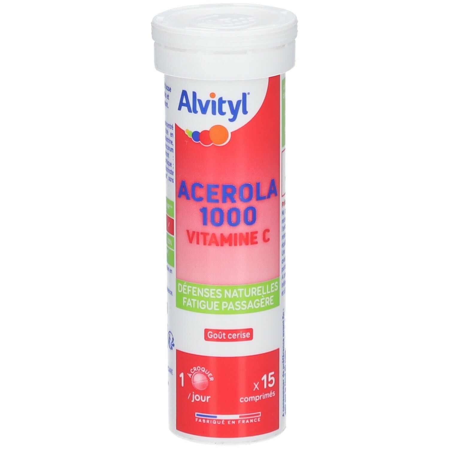 Zylindrische Dose mit ALVITYL® Acérola 1000 Vitamine C. Rote und weiße Verpackung. Text: Acerola 1000 Vitamine C.