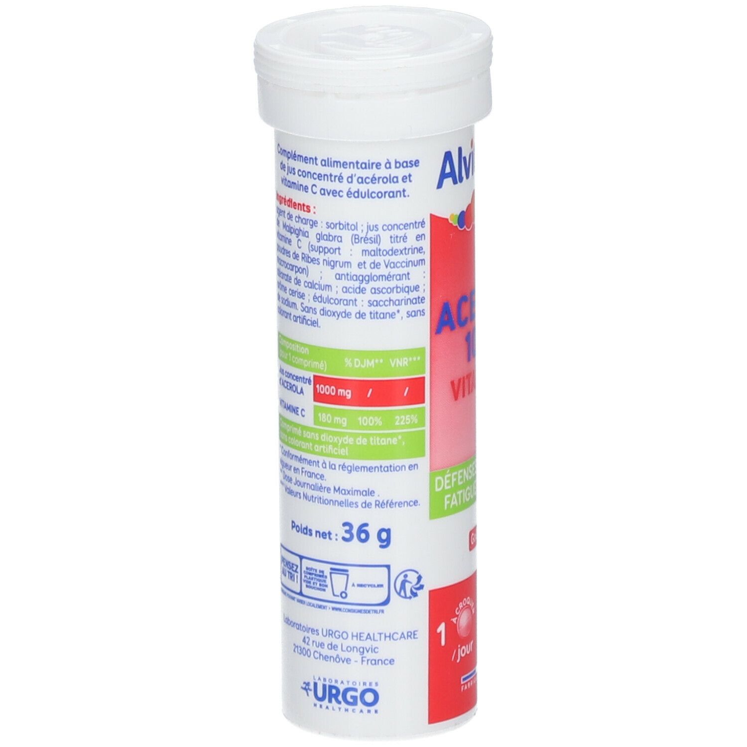 ALVITYL® Acérola 1000 Vitamine C. Detailansicht der Inhaltsstoffe und Nährwertangaben auf der Verpackung.