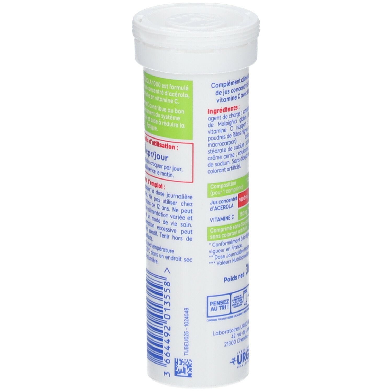 Rückseite der ALVITYL® Acérola 1000 Vitamine C Verpackung. Enthält Informationen zur Anwendung und Inhaltsstoffe.