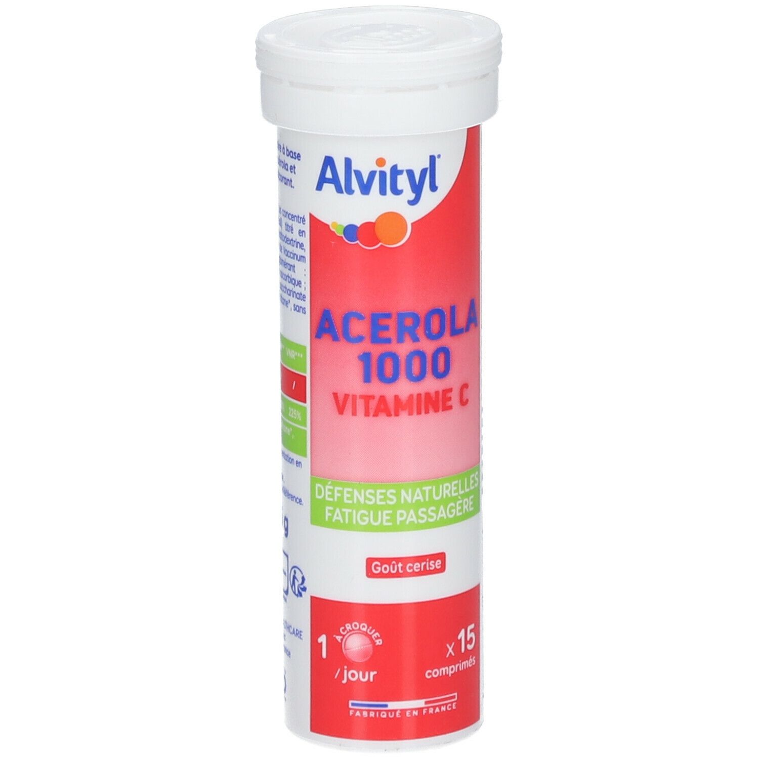 ALVITYL® Acérola 1000 Vitamine C. Zylindrische Dose, rote und weiße Verpackung. Text: Acerola 1000 Vitamine C.