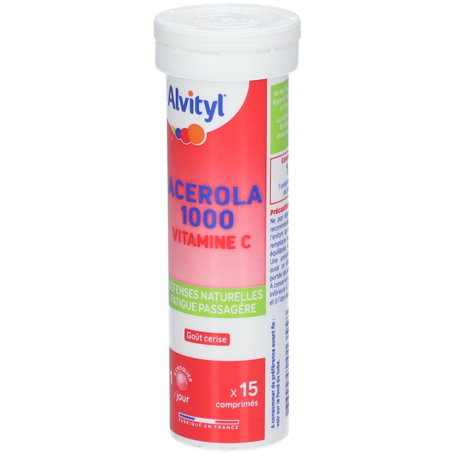 ALVITYL® Acérola 1000 Vitamine C. Zylindrische Dose, rote und weiße Verpackung. Text: Acerola 1000 Vitamine C.