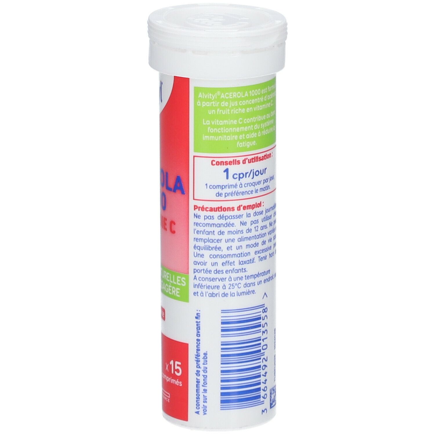 ALVITYL® Acérola 1000 Vitamine C. Detailansicht der Rückseite der Verpackung mit Anwendungshinweisen.