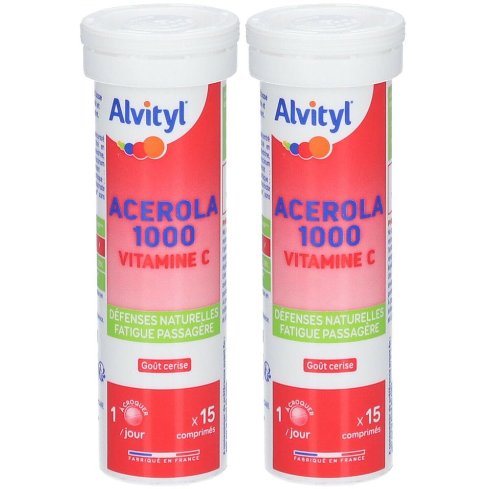 Zwei Tuben ALVITYL® Acérola 1000 Vitamine C. Rote und weiße Verpackung. Text: Acerola 1000 Vitamine C.