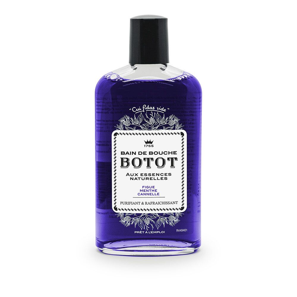 Flacon de bain de bouche violet, bouchon noir. Étiquette BOTOT, texte: Bain de bouche, Figues, Menthe, Cannelle. Prêt à l'emploi.