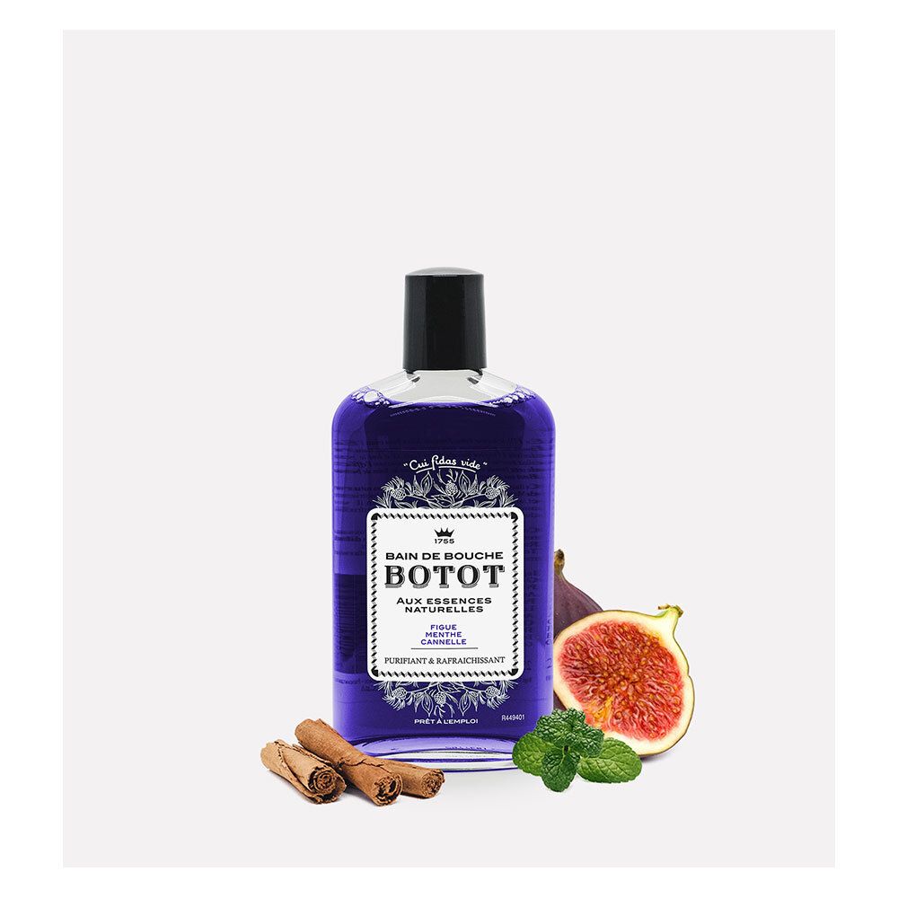 Flacon de bain de bouche, figue, bâtons de cannelle, menthe. Étiquette BOTOT, texte: Bain de bouche, Figues, Menthe, Cannelle.