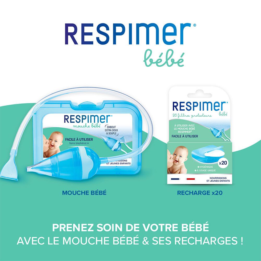 Présentation du produit : aspirateur nasal RESPIMER® et recharges. Illustrations de bébés, éléments bleus.