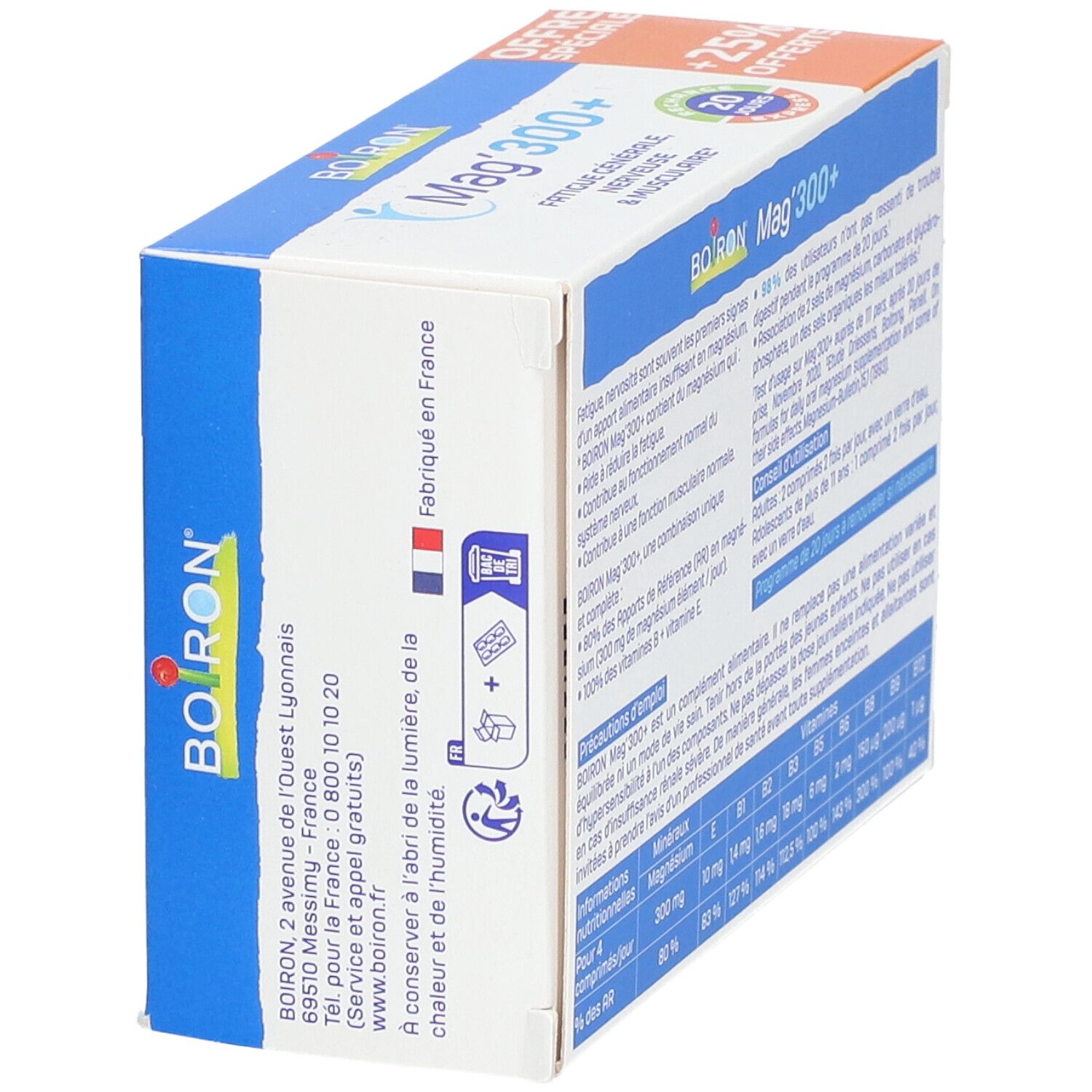 Côté de la boîte BOIRON Mag'300+. Contient des informations sur la fabrication en France. Texte bleu et blanc.