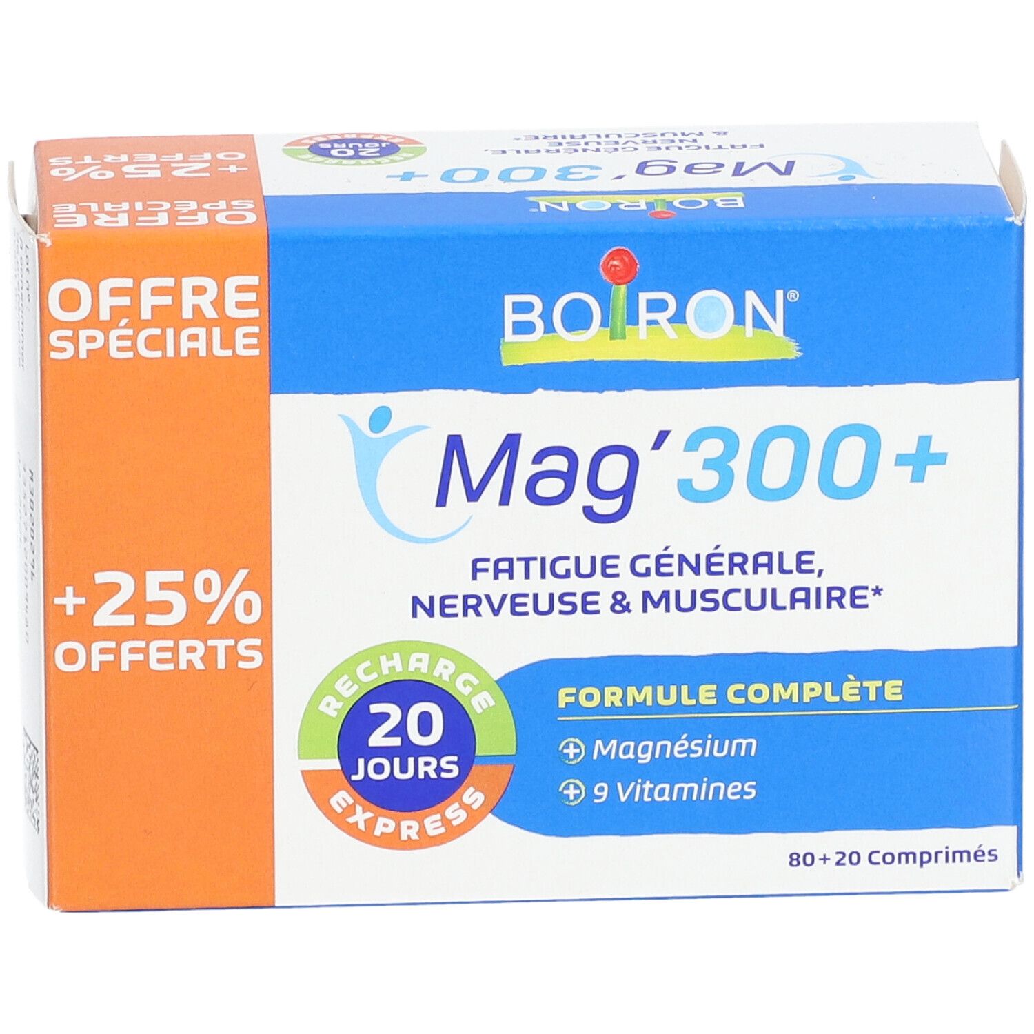 Boîte BOIRON Mag'300+. Emballage bleu avec texte blanc. Contient 80+20 comprimés. Inscription : 20 jours Express.