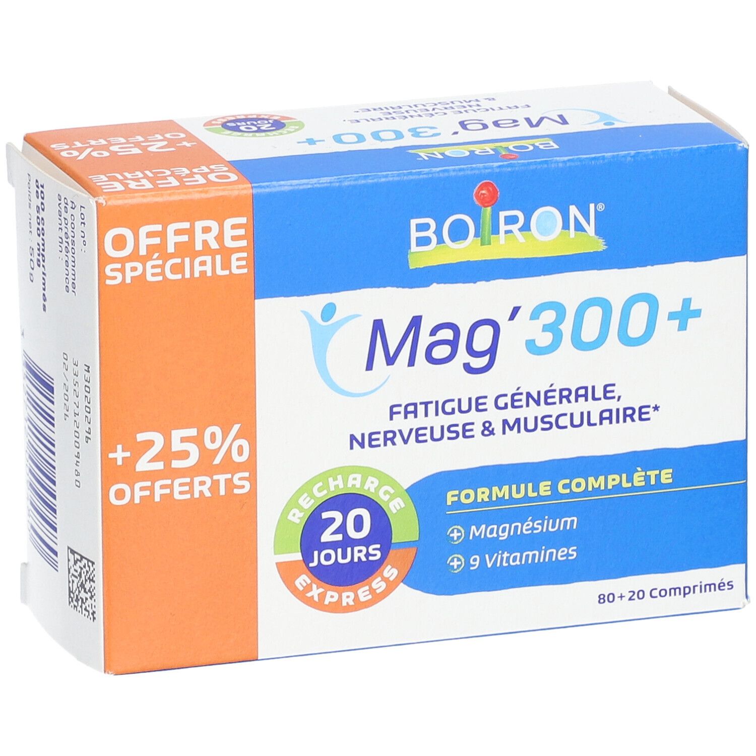 Boîte BOIRON Mag'300+. Emballage bleu avec texte blanc. Contient 80+20 comprimés. Inscription : +25% Offerts.