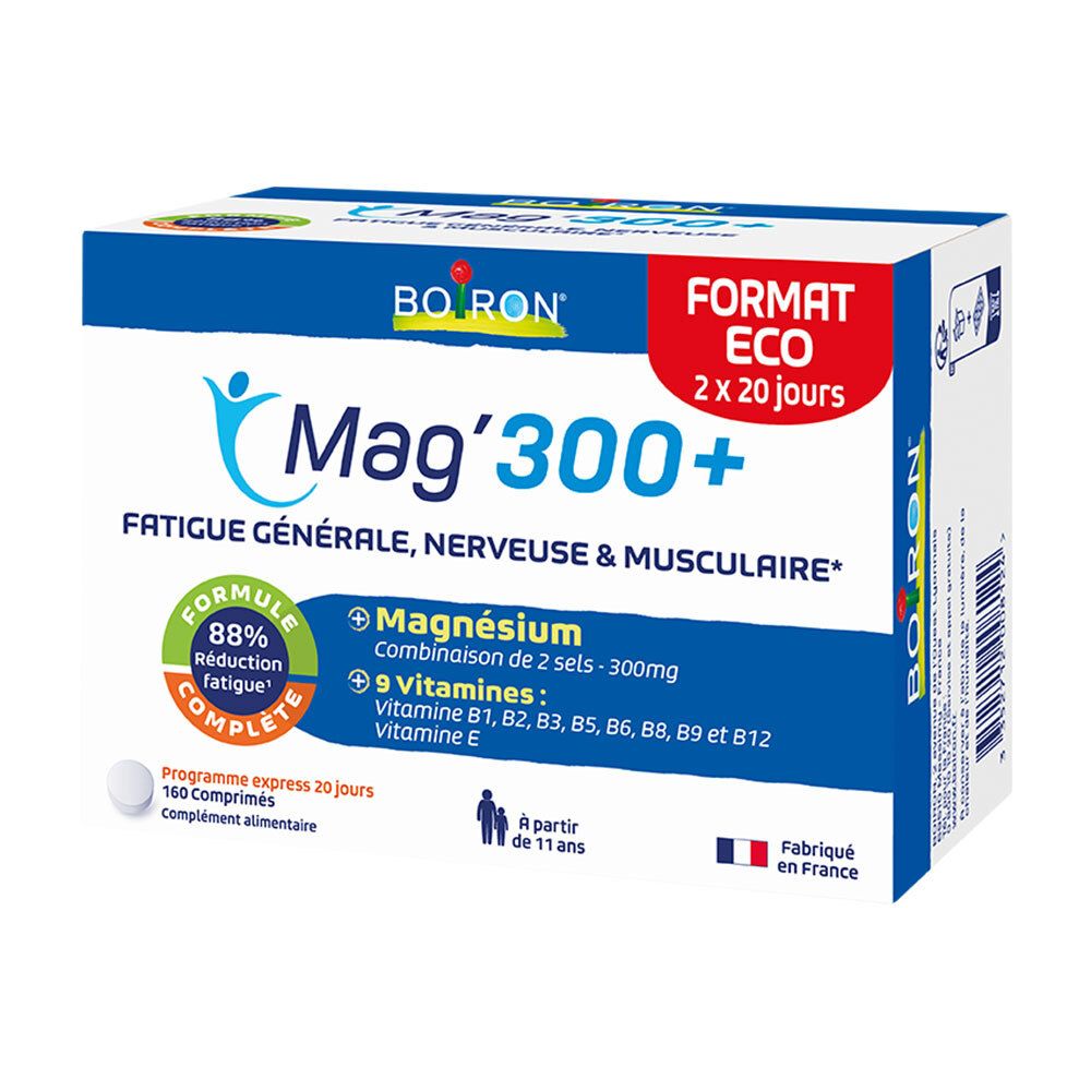 Blau-weiße Schachtel mit BOIRON Mag'300+. Enthält 160 Tabletten. "Format Eco" und "2 x 20 jours" auf der Verpackung.