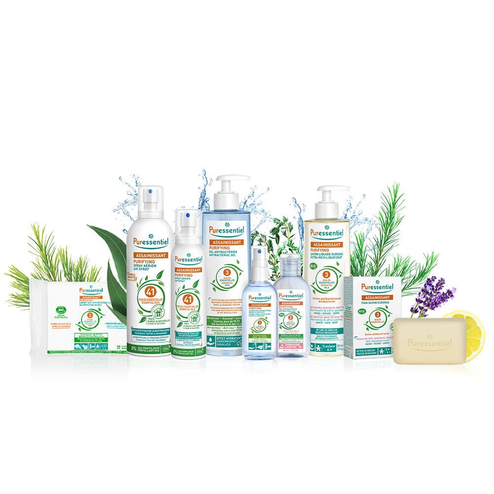 Verschiedene Produkte. Aufschrift: Puressentiel, Assainissant, Pain Savon Surgras.