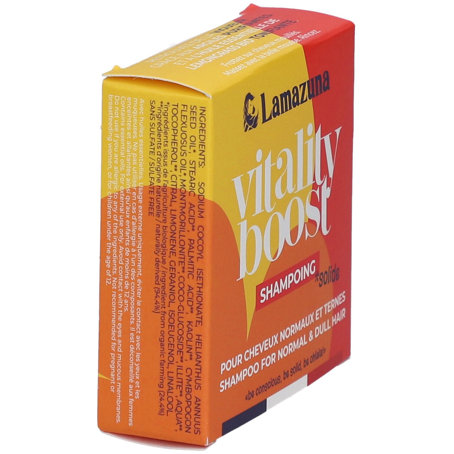 Gelb-roter Karton. Aufschrift: vitality boost, Shampoing solide. Für normales und stumpfes Haar. Inhaltsstoffe.
