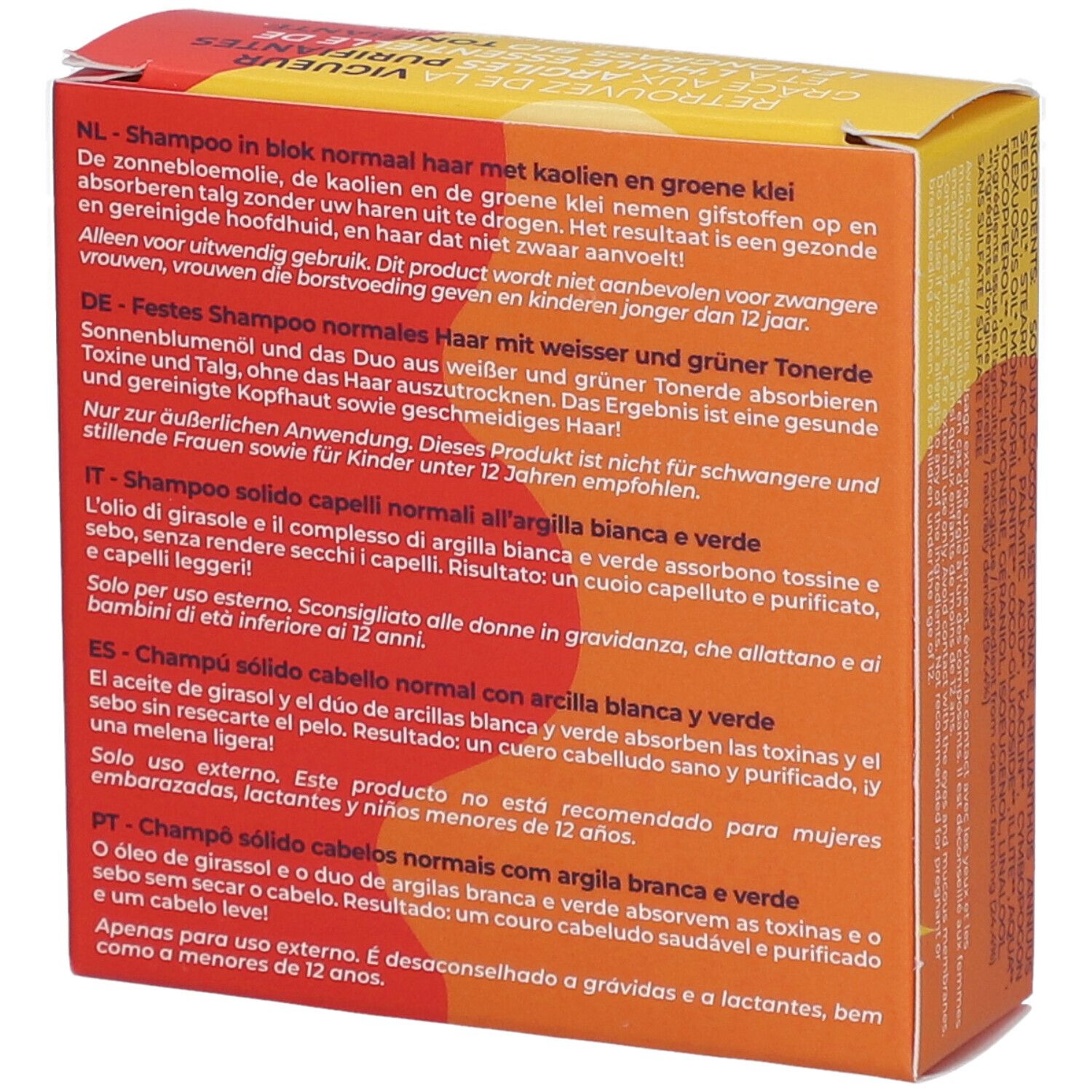 Rückseite des gelb-roten Kartons. Text in Deutsch, Niederländisch, Italienisch, Spanisch und Portugiesisch. Informationen zum Produkt.