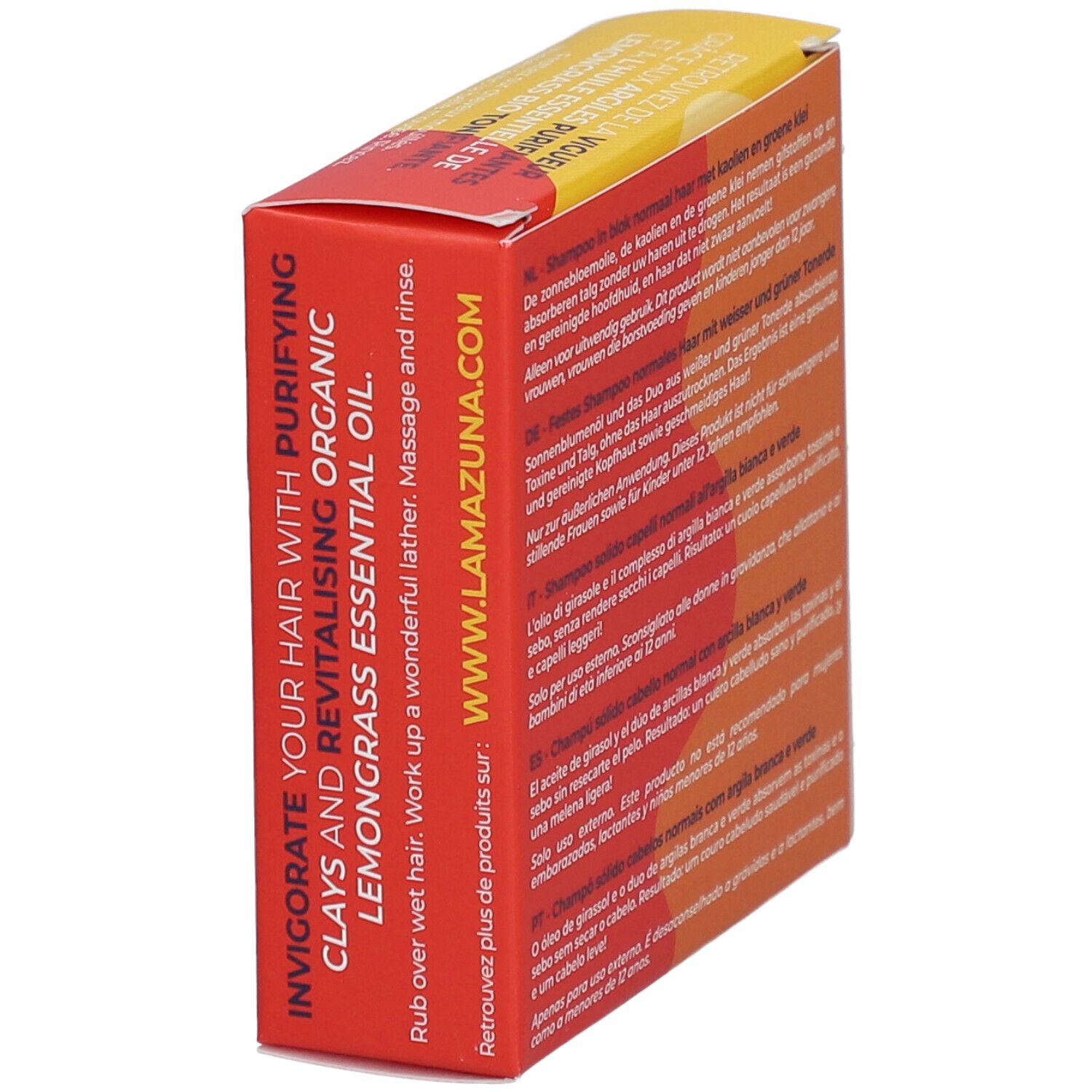 Gelb-roter Karton. Aufschrift: Invigorate your hair with purifying clays and revitalising organic lemongrass essential oil.