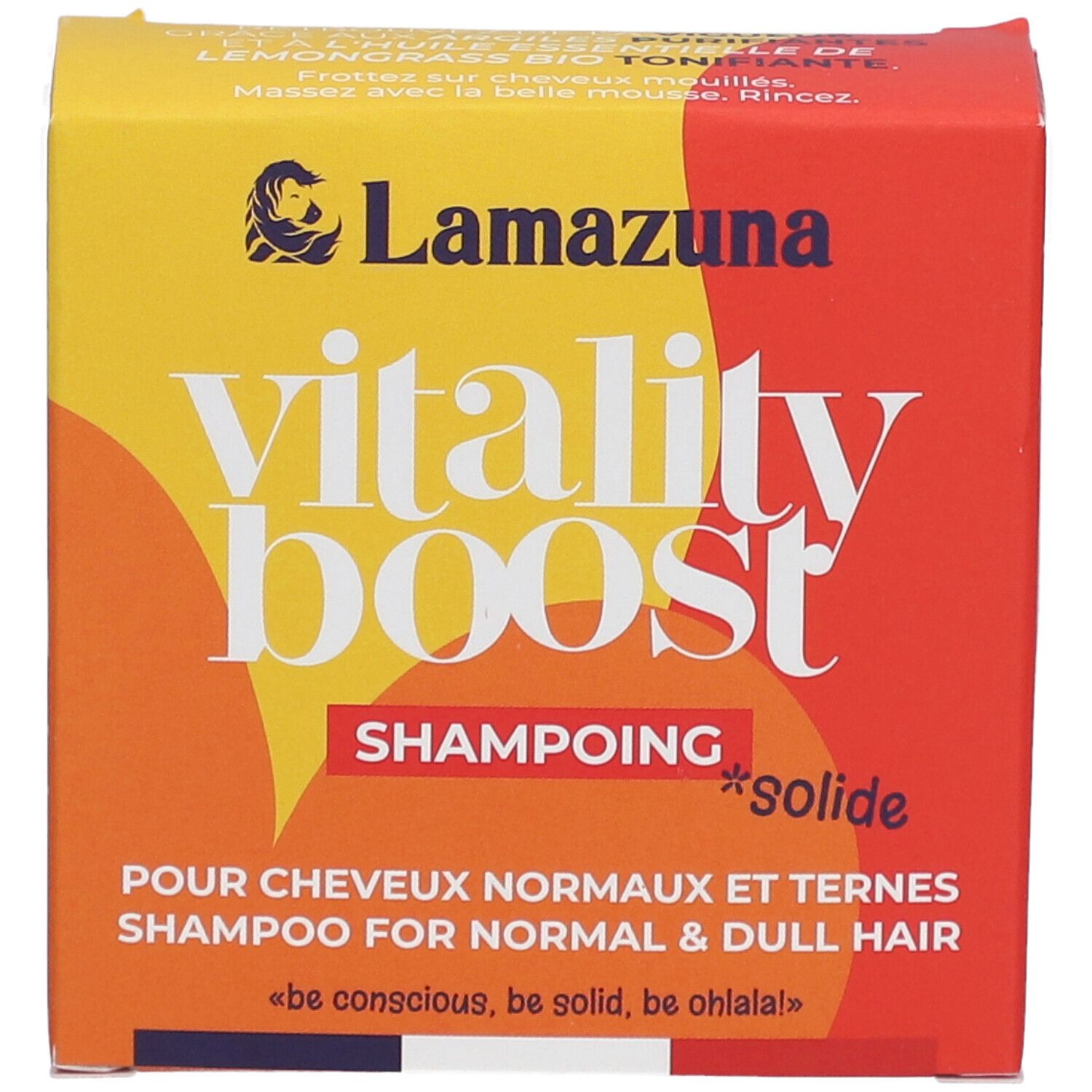 Gelb-roter Karton. Aufschrift: vitality boost, Shampoing solide. Für normales und stumpfes Haar. Marke: Lamazuna.