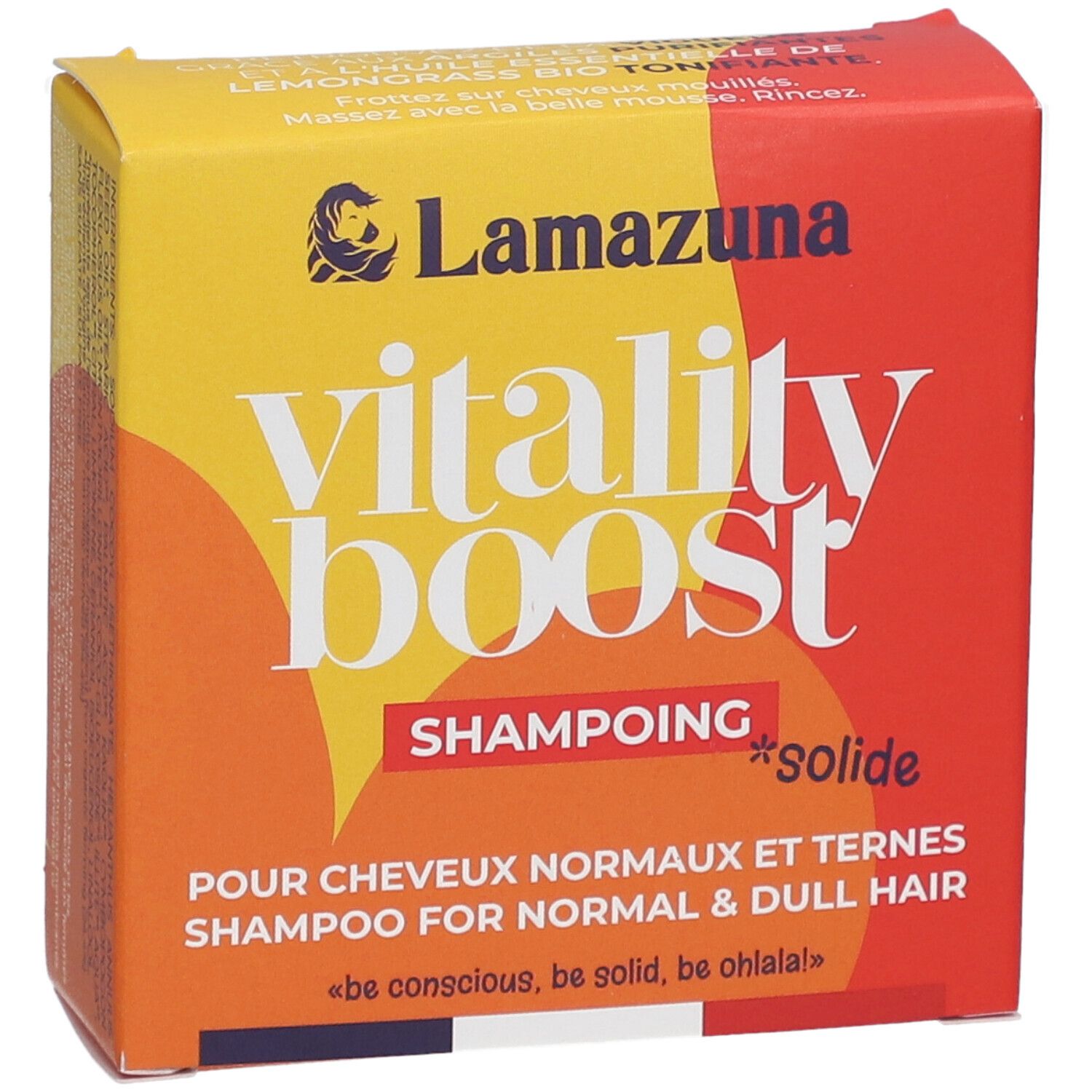 Gelb-roter Karton. Aufschrift: vitality boost, Shampoing solide. Für normales und stumpfes Haar. Marke: Lamazuna.