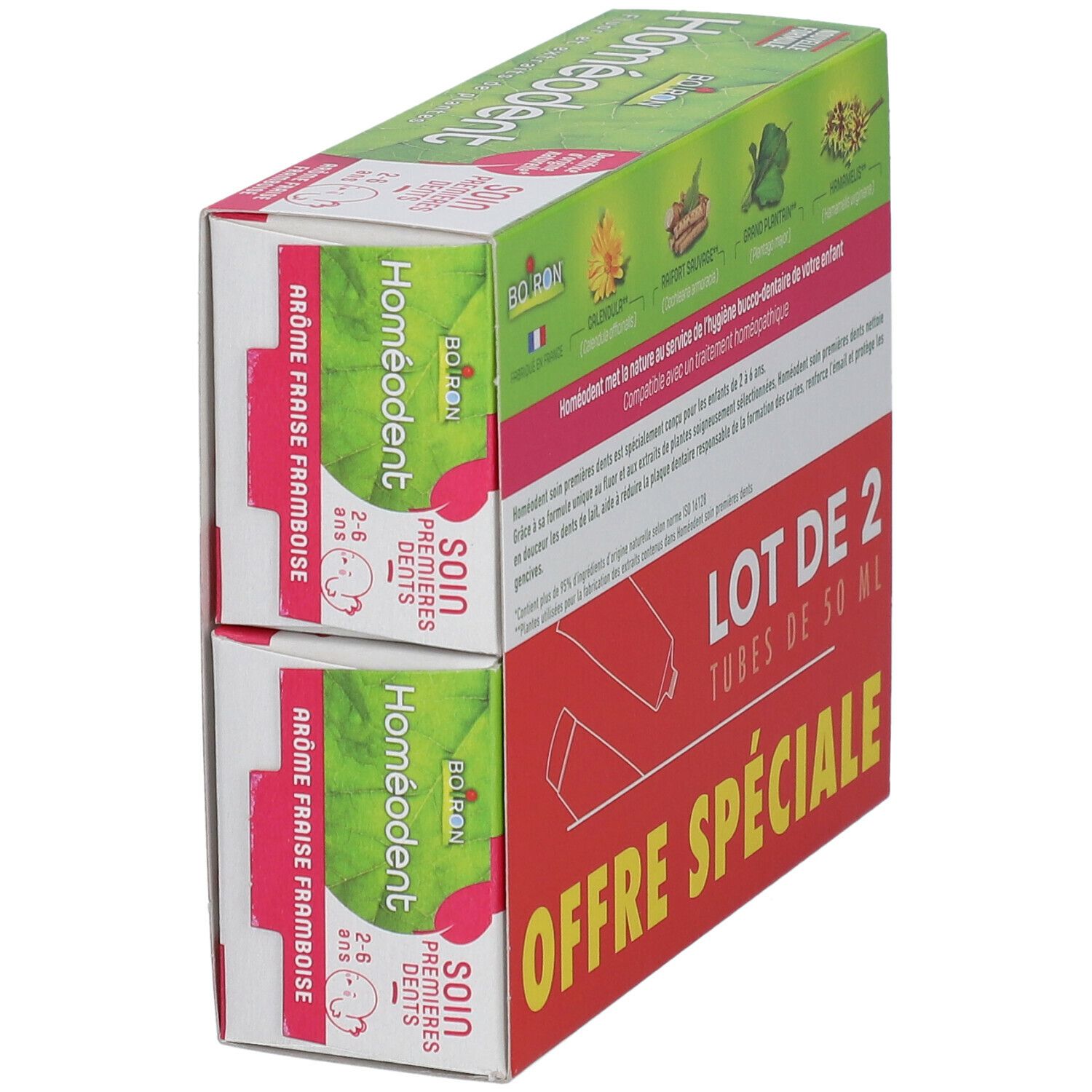 Deux boîtes BOIRON® Homéodent en biais. Inscription : LOT DE 2, OFFRE SPÉCIALE, Soin Premières Dents, 2-6 ans.
