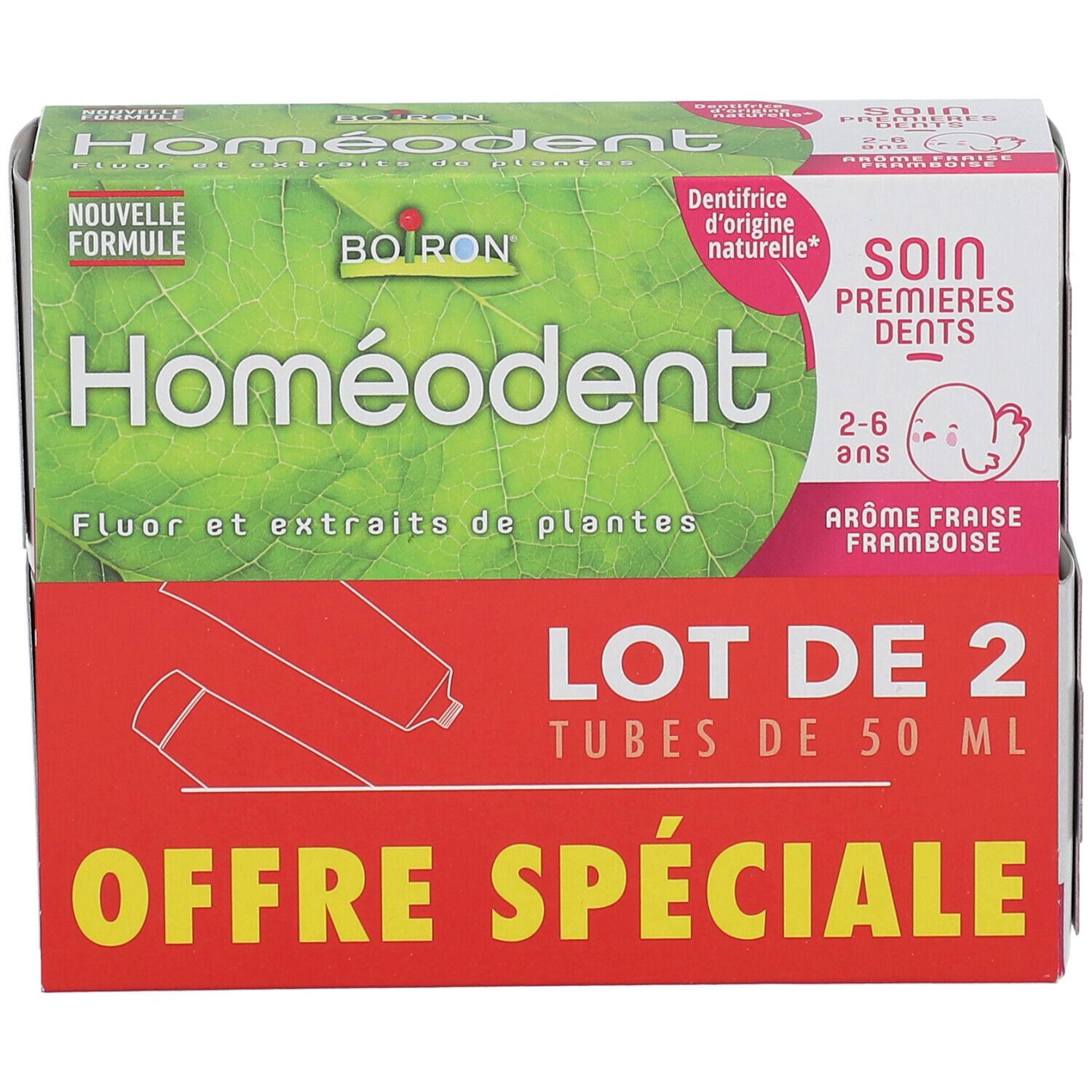Deux boîtes de BOIRON® Homéodent. Inscription : LOT DE 2, OFFRE SPÉCIALE, Soin Premières Dents, 2-6 ans, Arôme fraise.