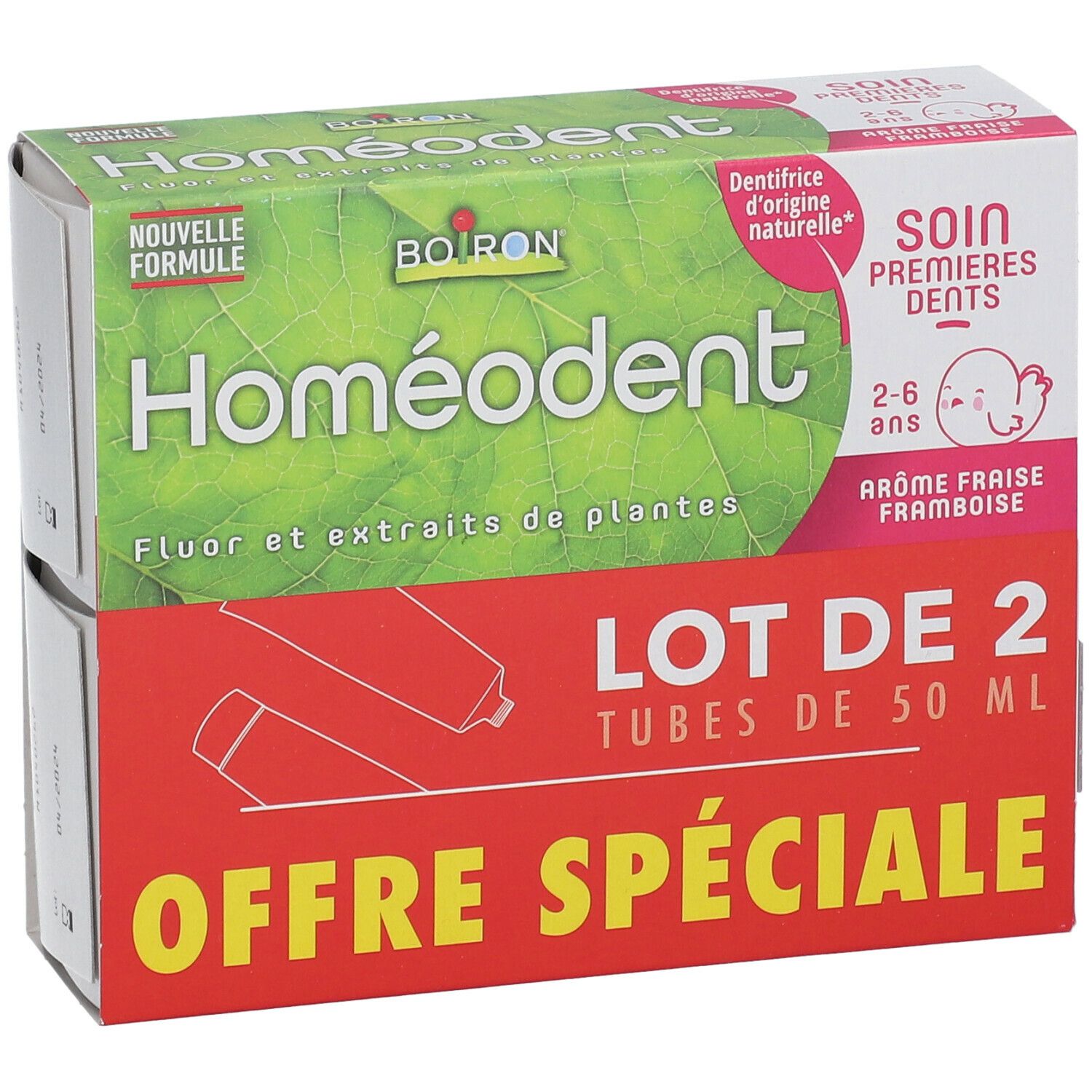 Deux boîtes de BOIRON® Homéodent. Inscription : LOT DE 2, OFFRE SPÉCIALE, Soin Premières Dents, 2-6 ans, Arôme fraise.