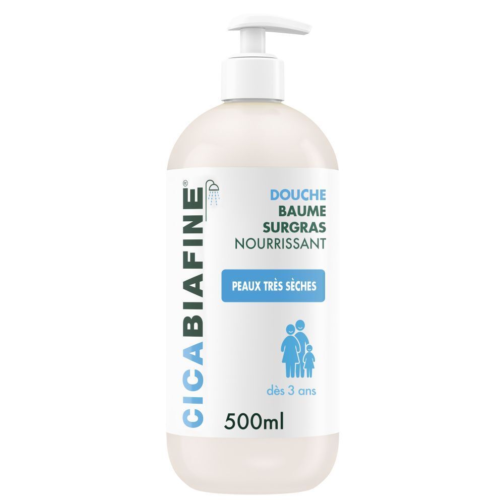 Weißer Spender mit Produktetikett. Text: Douche Baume Surgras Nourrissant, Peaux très sèches. Pumpkopf.