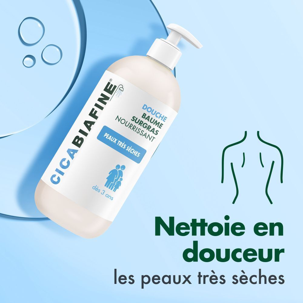 Produktflasche vor blauem Hintergrund. Text: Nettoie en douceur les peaux très sèches. Umriss eines Rückens.