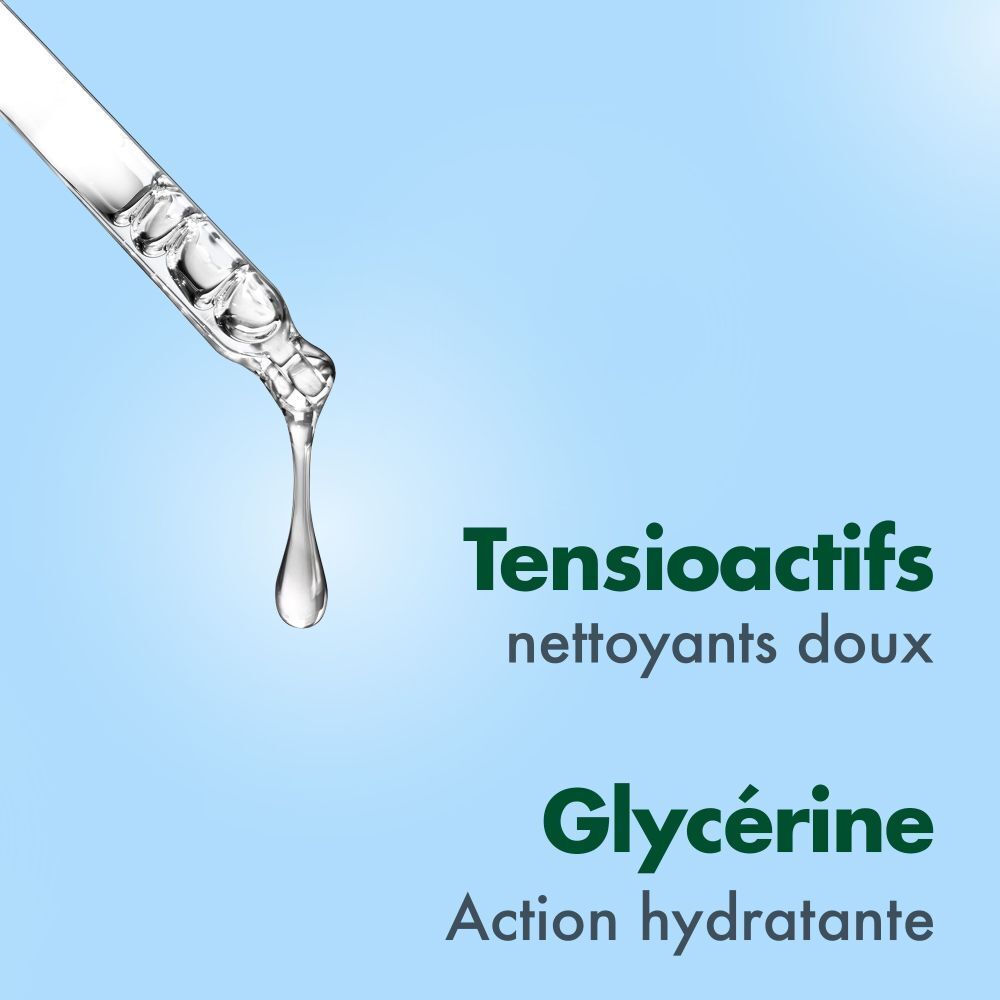 Pipette mit Flüssigkeitstropfen. Text: Tensioactifs nettoyants doux, Glycérine Action hydratante.