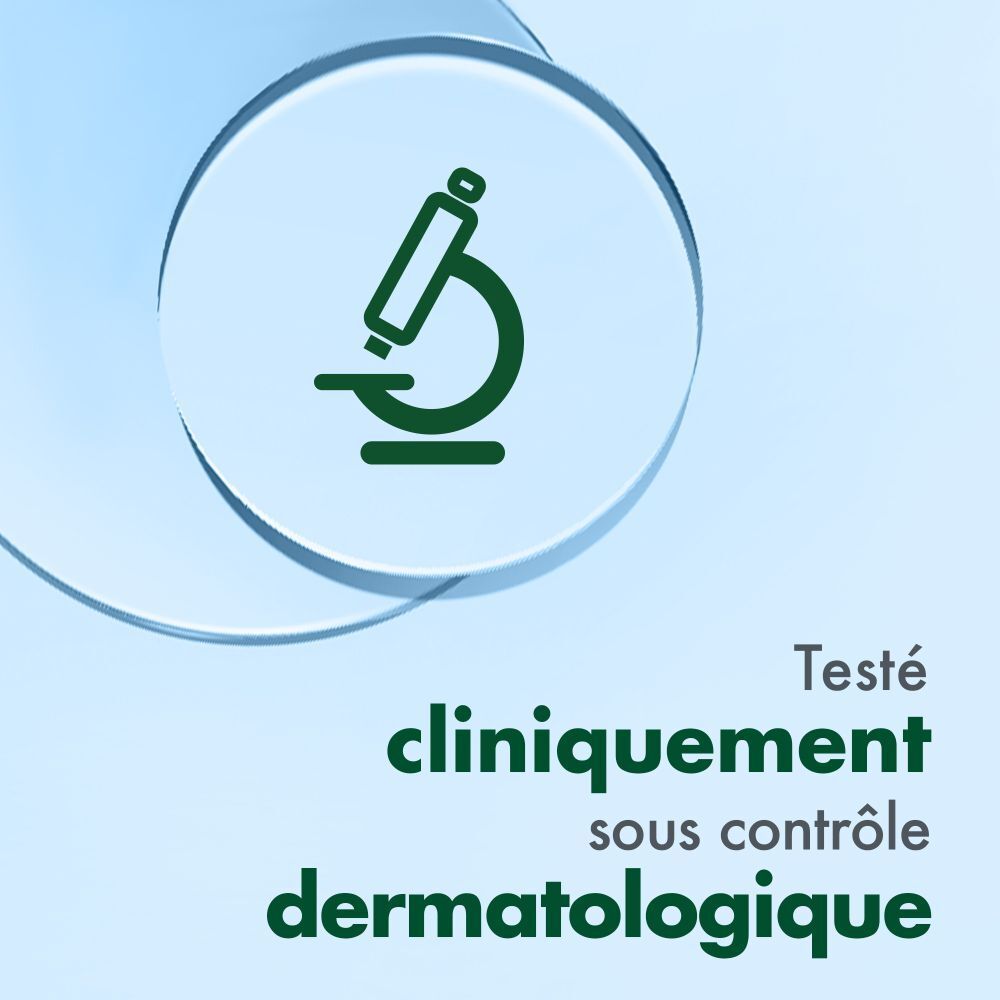 Mikroskop-Symbol. Text: Testé cliniquement sous contrôle dermatologique.