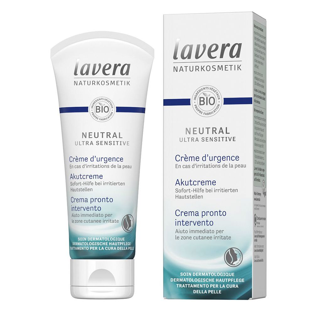 Tube und Schachtel mit Creme. Aufschrift: lavera, Neutral Ultra Sensitive, Akutcreme. Bio-Siegel.
