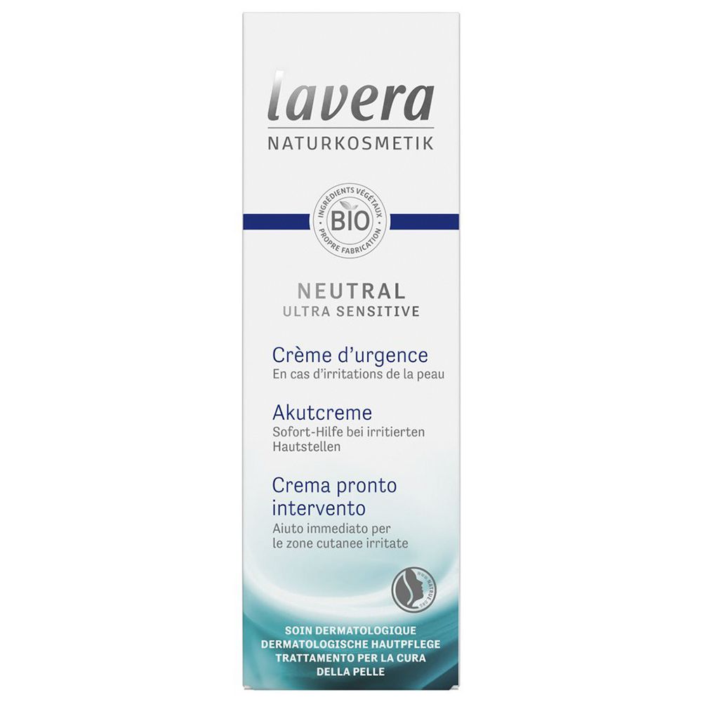 Schachtel mit Creme. Aufschrift: lavera, Neutral Ultra Sensitive, Akutcreme. Bio-Siegel.