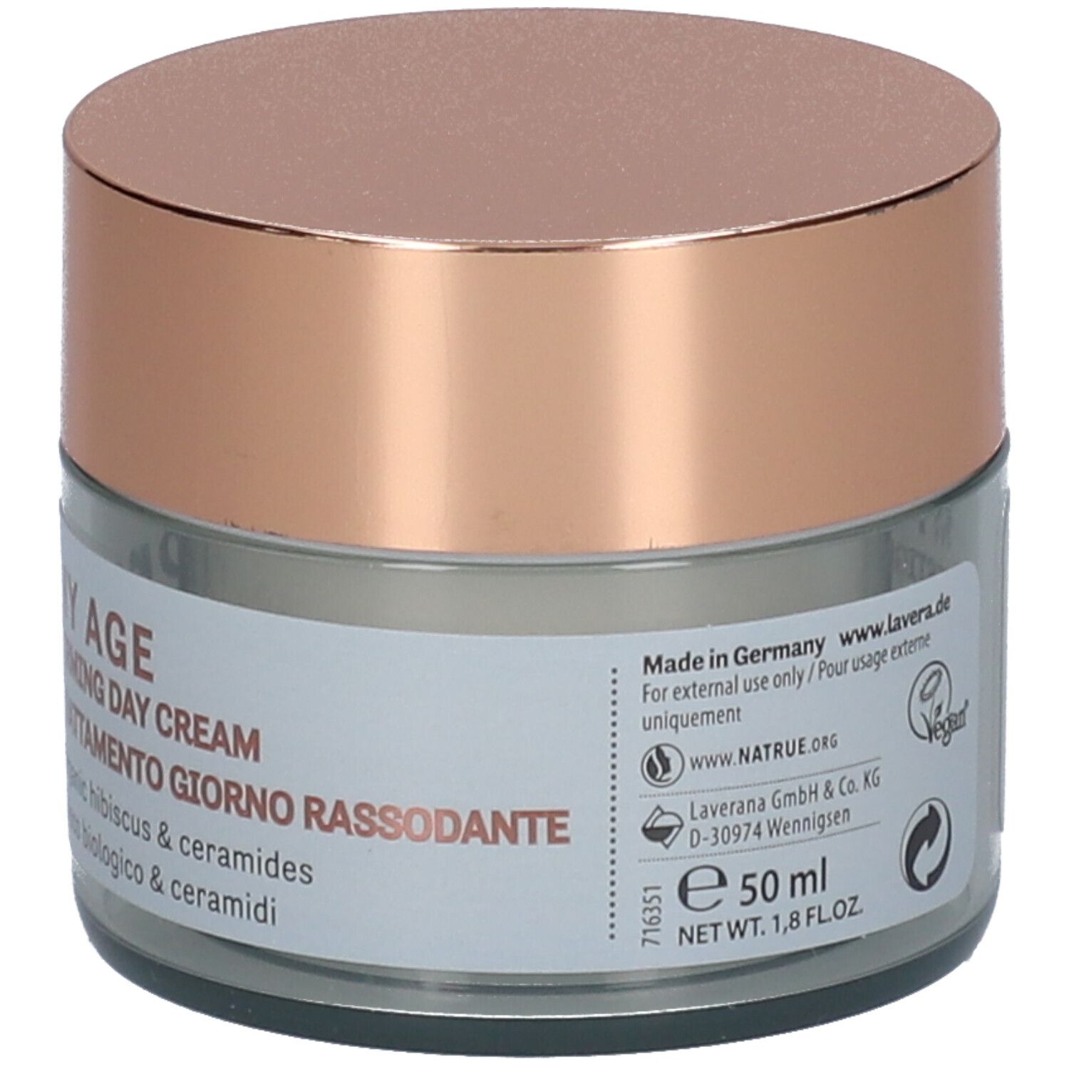 Pot en verre avec couvercle rose. Inscription: MY AGE, Firming Day Cream, Trattamento giorno rassodante. Avec ingrédients. 50 ml.