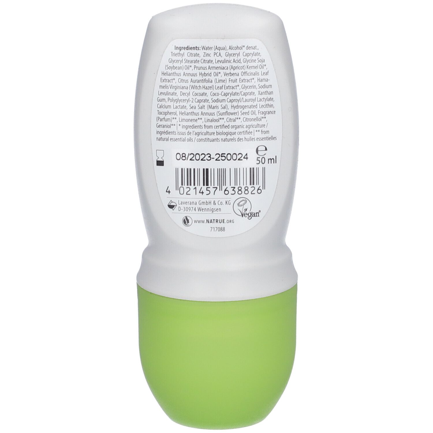 Rückseite des Deo Roll-ons. Enthält Inhaltsstoffangaben und das Volumen von 50 ml. Mit dem Natrue-Siegel.