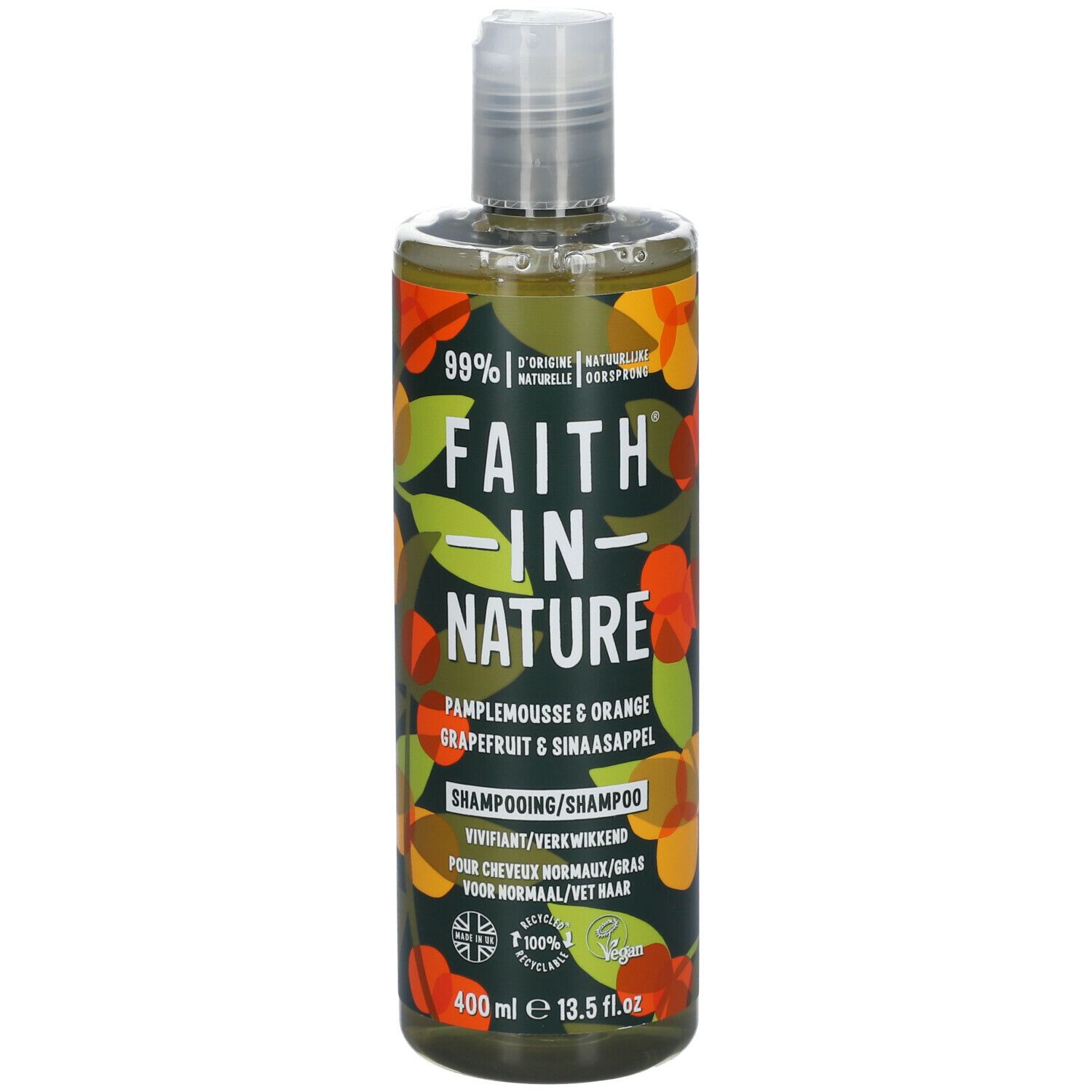 Shampoo-Flasche mit FAITH IN NATURE-Logo. Aufschrift: Grapefruit & Orange. 400 ml. Vegan-Siegel.