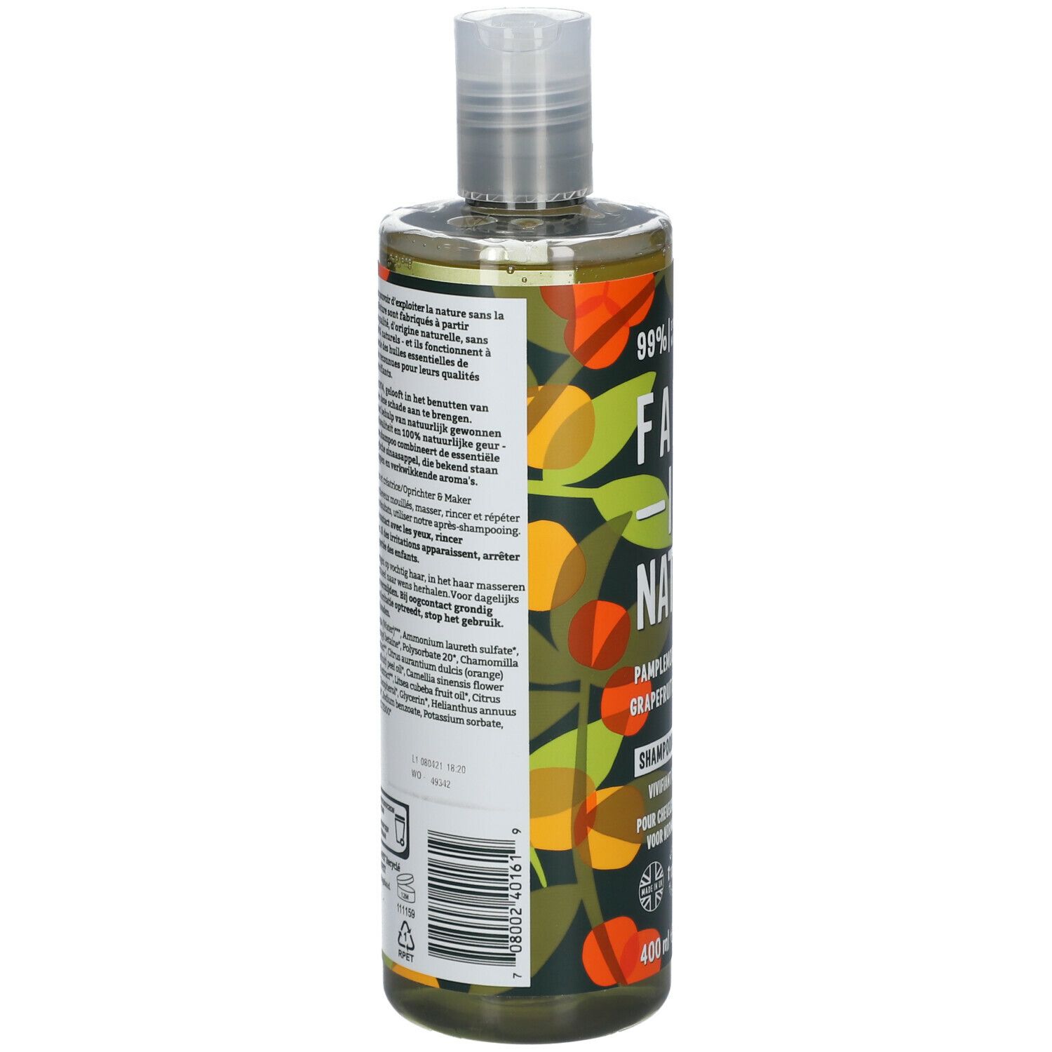 Rückseite der Shampoo-Flasche. Text in mehreren Sprachen. 400 ml. Vegan-Siegel. Inhaltsstoffe.