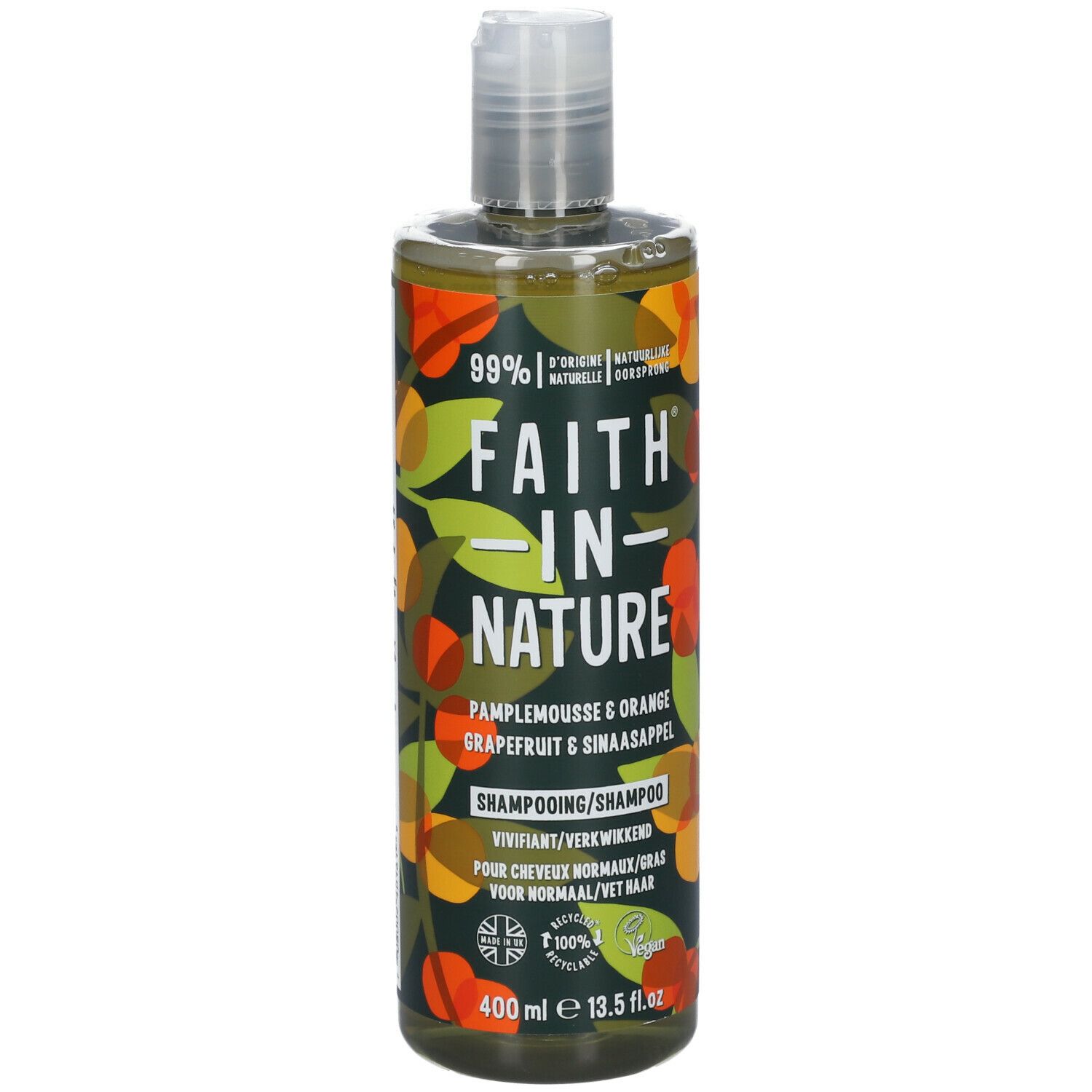 Shampoo-Flasche mit FAITH IN NATURE-Logo. Aufschrift: Grapefruit & Orange. 400 ml. Vegan-Siegel.