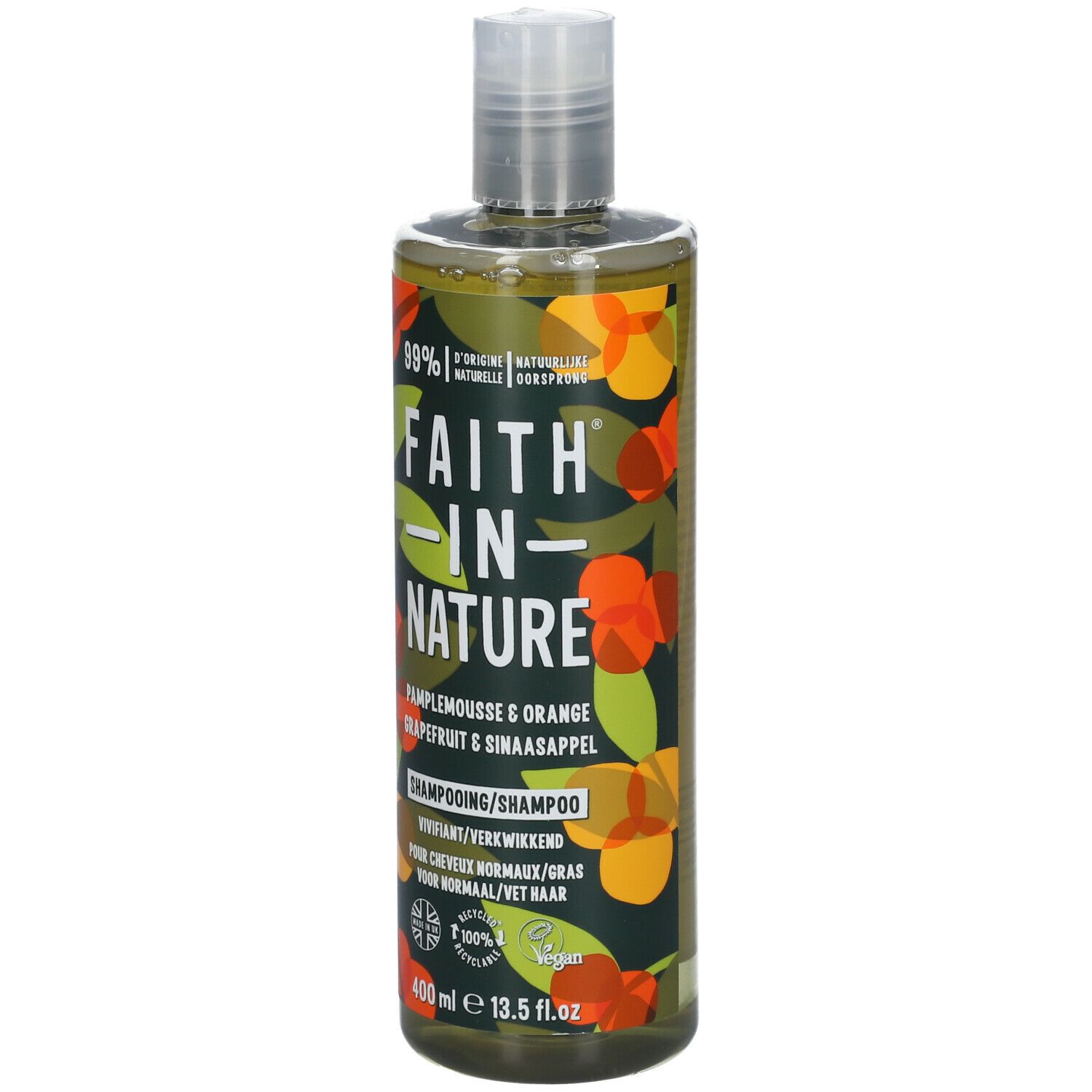 Shampoo-Flasche mit FAITH IN NATURE-Logo. Aufschrift: Grapefruit & Orange. 400 ml. Vegan-Siegel.