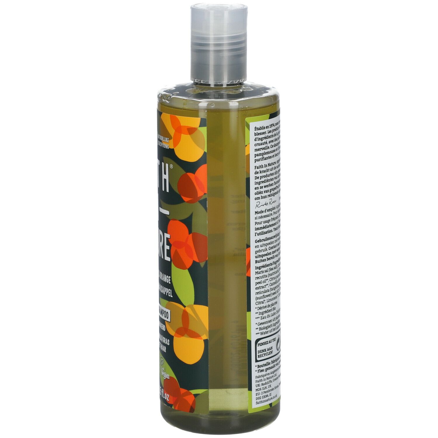 Rückseite der Shampoo-Flasche. Text in mehreren Sprachen. 400 ml. Vegan-Siegel. Inhaltsstoffe.