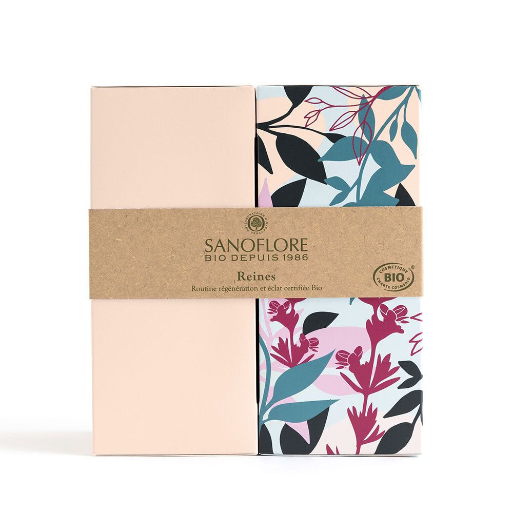 Geschenkset mit zwei Produkten. Karton mit floralem Muster und Produktnamen SANOFLORE. Bio-Zertifizierung.