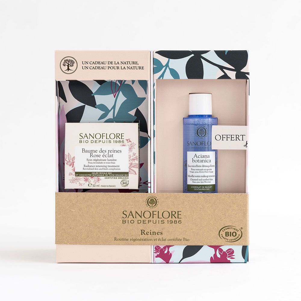 Geschenkset SANOFLORE mit zwei Produkten: Creme und Mizellenwasser. Verpackung mit floralem Muster. Bio-Zertifizierung.