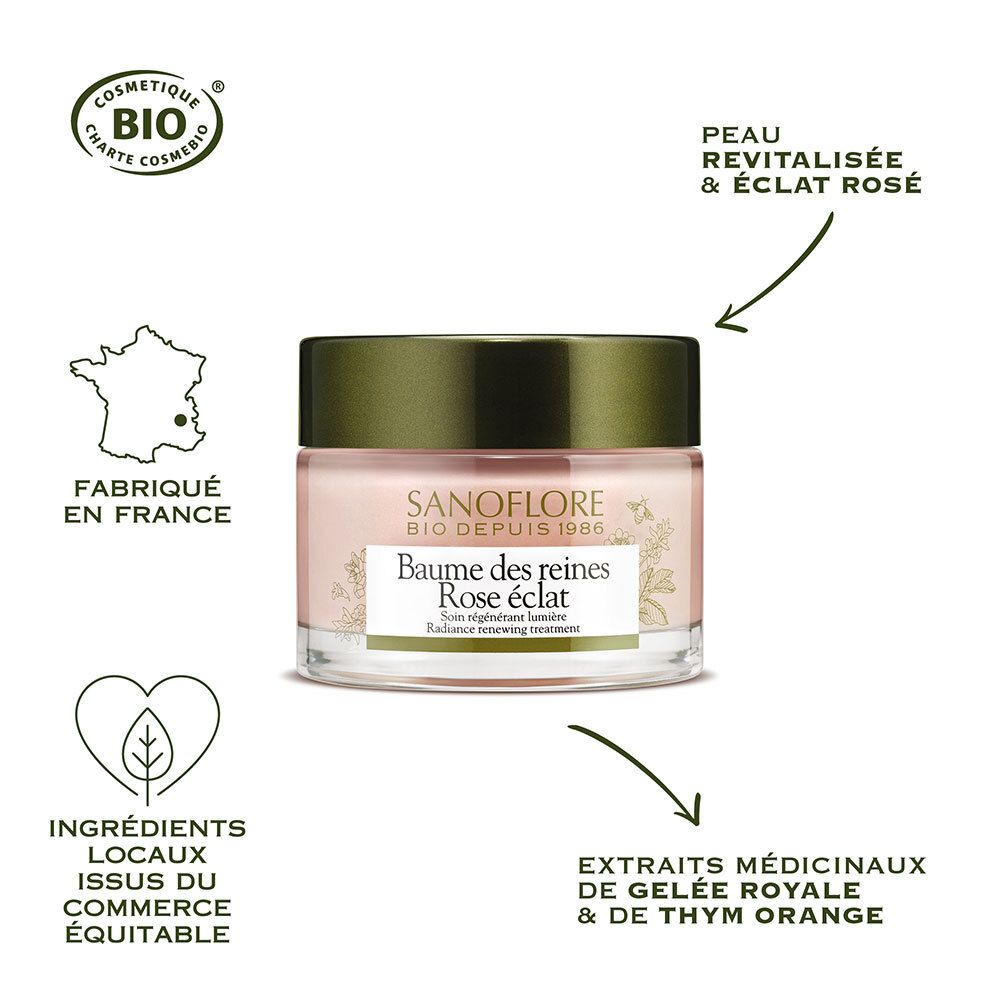 Creme in Glas. SANOFLORE, Baume des reines Rose éclat. Bio-Zertifizierung. Hergestellt in Frankreich. 