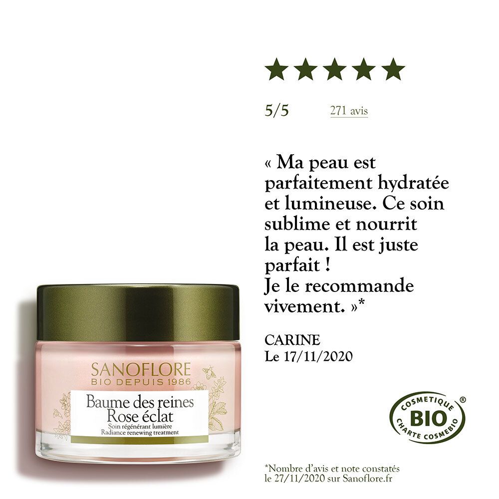 Creme in Glas. SANOFLORE, Baume des reines Rose éclat. Kundenbewertung: 5/5 Sterne. Bio-Zertifizierung.