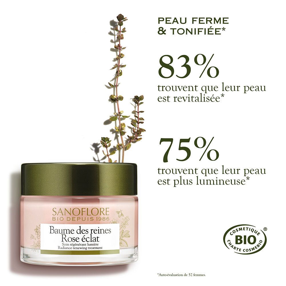 Creme in Glas. SANOFLORE, Baume des reines Rose éclat. Prozentuale Ergebnisse. Bio-Zertifizierung.