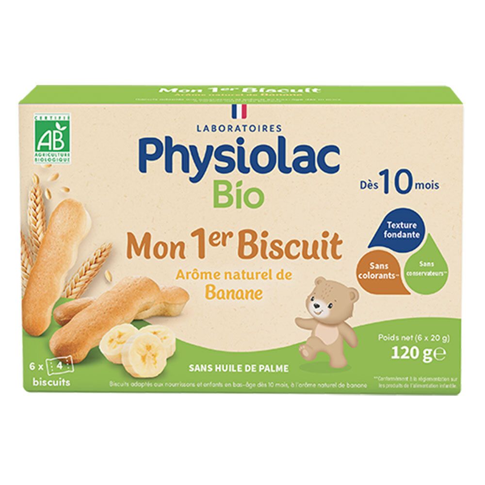 Physiolac Bio Mon 1er Biscuit Banane, Verpackung. Enthält 6 x 4 Kekse. Mit AB-Siegel. Für Babys ab 10 Monaten.