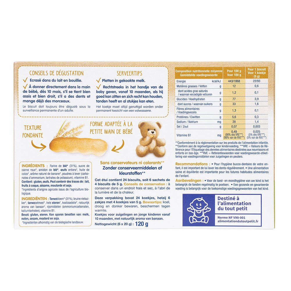 Rückseite der Verpackung von Physiolac Bio Mon 1er Biscuit Banane. Enthält Nährwertangaben und Zutatenliste.