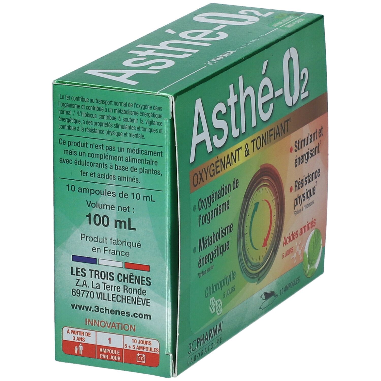 Boîte verte Asthé-O2. Texte: OXYGENANT & TONIFIANT. Contient 10 ampoules de 10 ml. Fabriqué en France. Marque: 3C PHARMA.