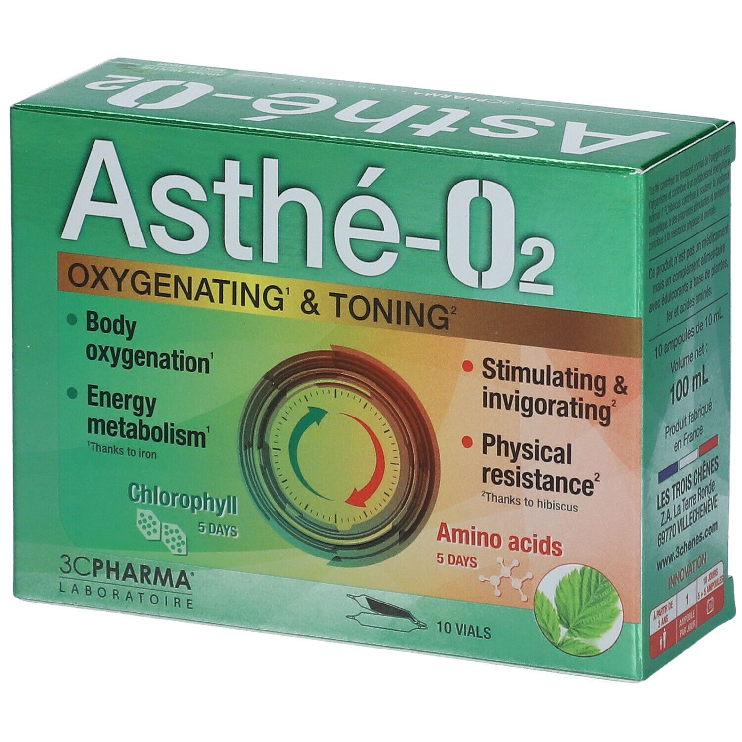 Boîte verte Asthé-O2. Texte: OXYGENATING & TONING. Contient 10 flacons. Diagramme avec flèches et texte. Marque: 3C PHARMA.