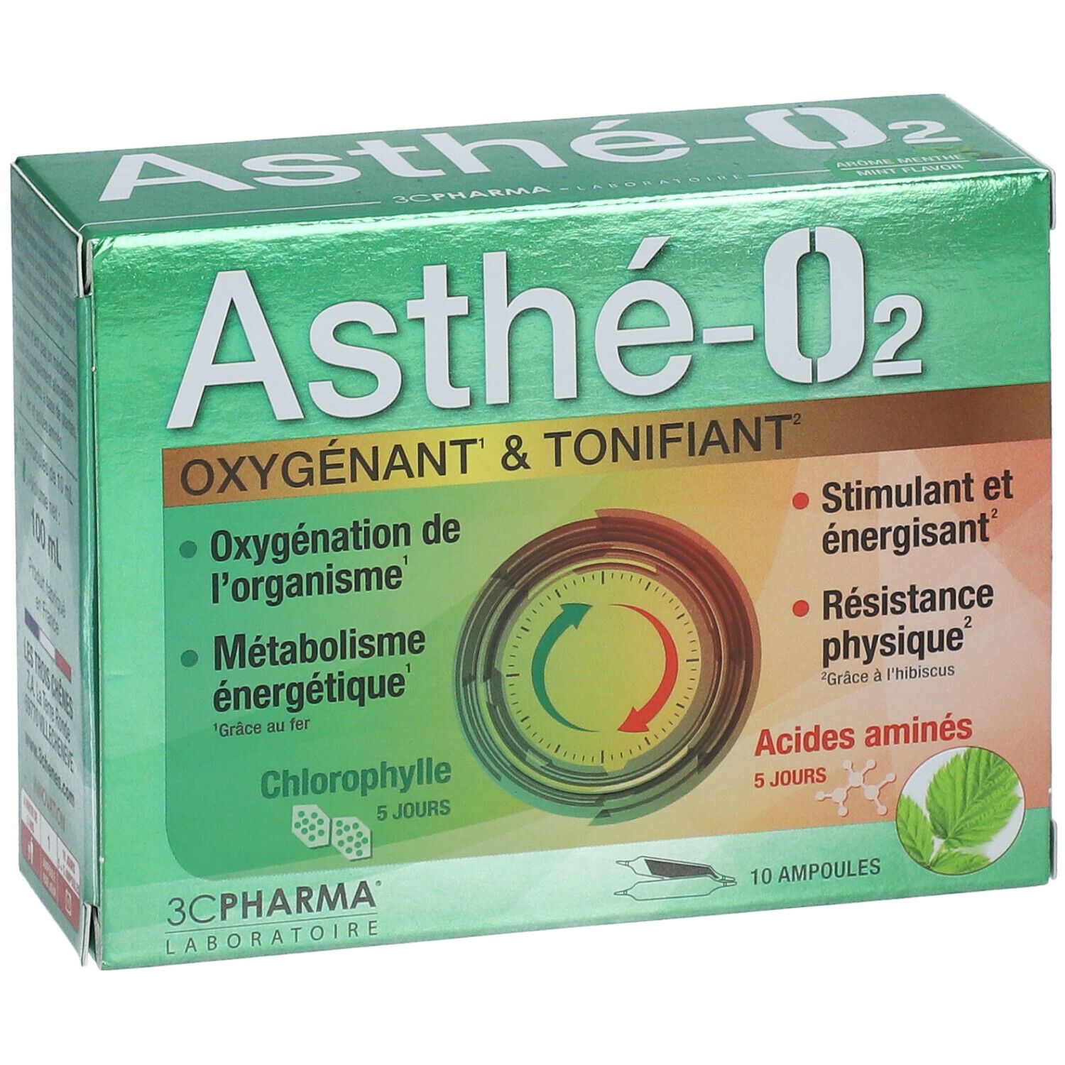 Boîte verte Asthé-O2. Texte: OXYGENANT & TONIFIANT. Contient 10 ampoules. Diagramme avec flèches. Marque: 3C PHARMA.